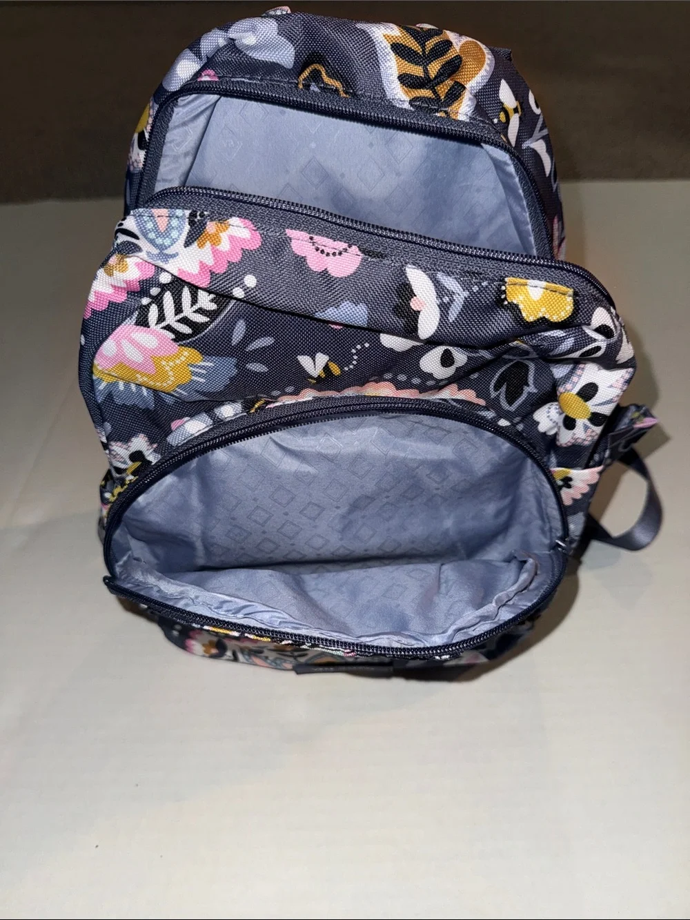 Vera Bradley Gray Floral Mini Backpack with Pink and Yellow Accents